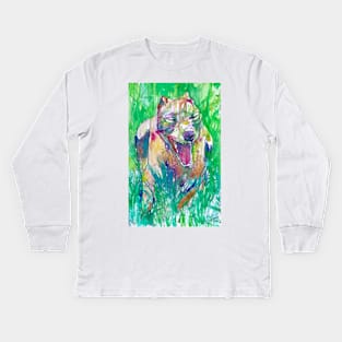 PIT BULL YAWNING IN THE GARDEN - watercolor portrait Kids Long Sleeve T-Shirt